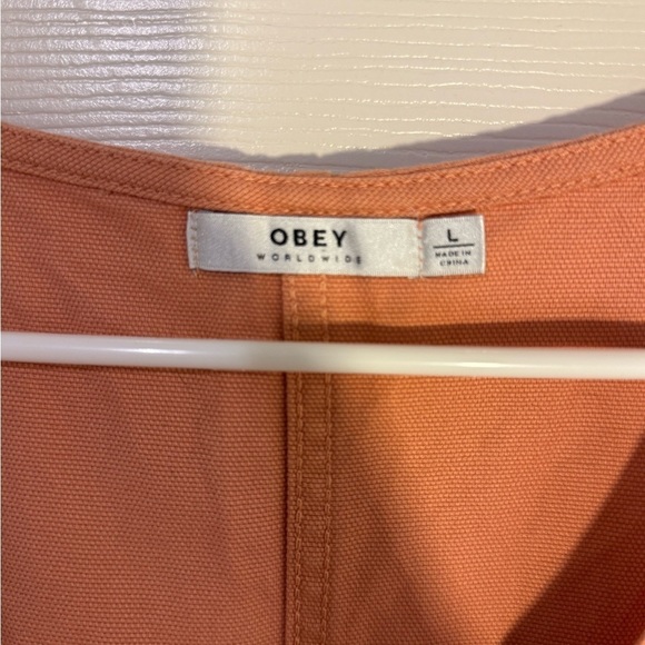 OBEY Worldwide‎ Jeanne Dusty Coral Utility Apron Jumper Sleeveless Dress Size L - Picture 2 of 7